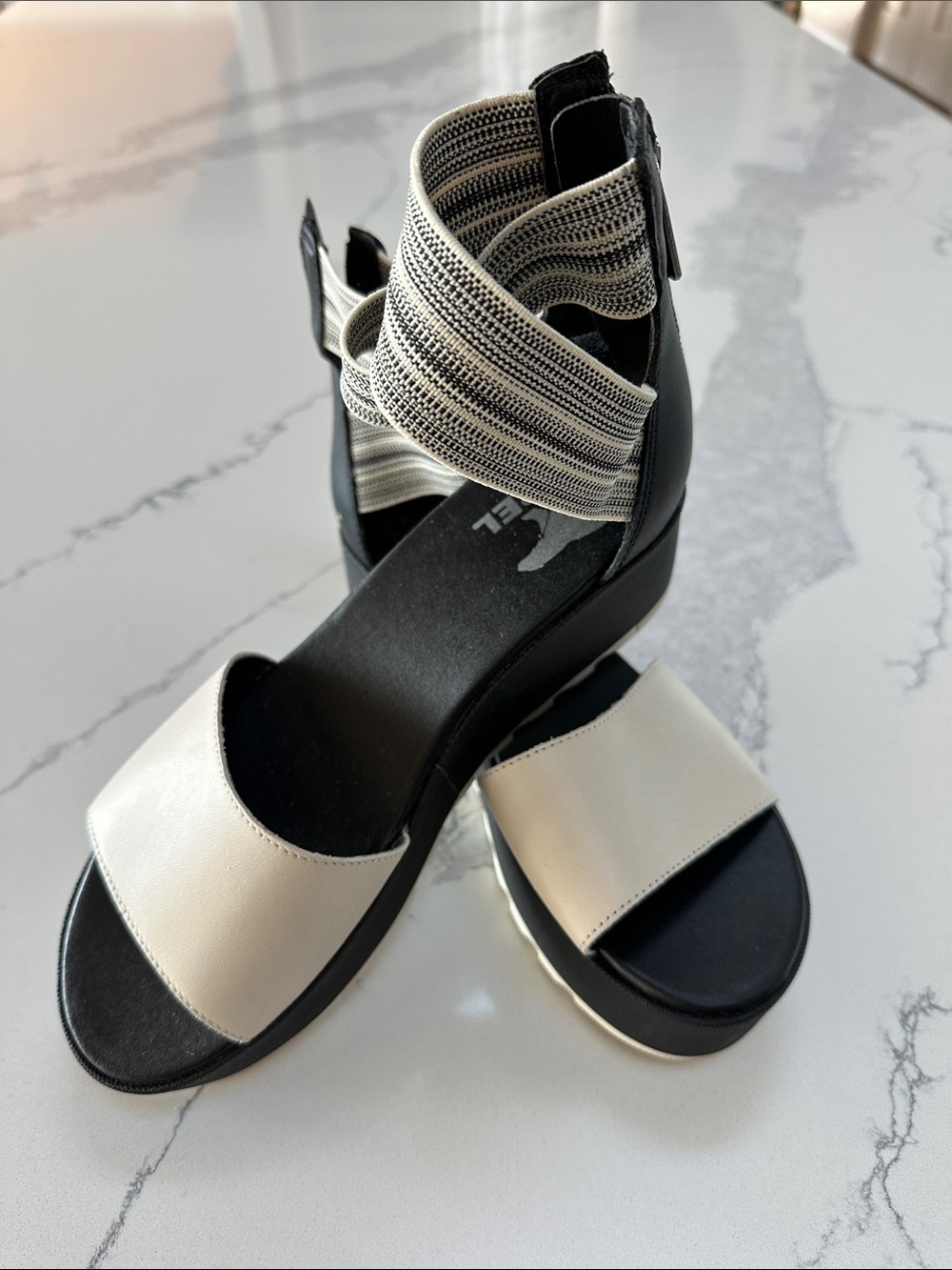 Sorel Black & Cream Striped Ankle-Wrap Wedge Sandals